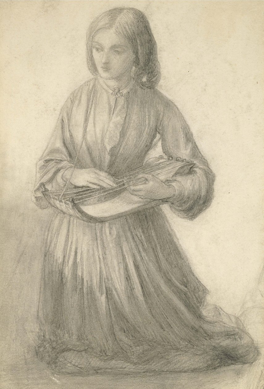 Elizabeth Siddal hraje na strunný nástroj, kolem roku 1852 (grafit na špinavě bílém papíře) od Dante Gabriel Charles Rossetti