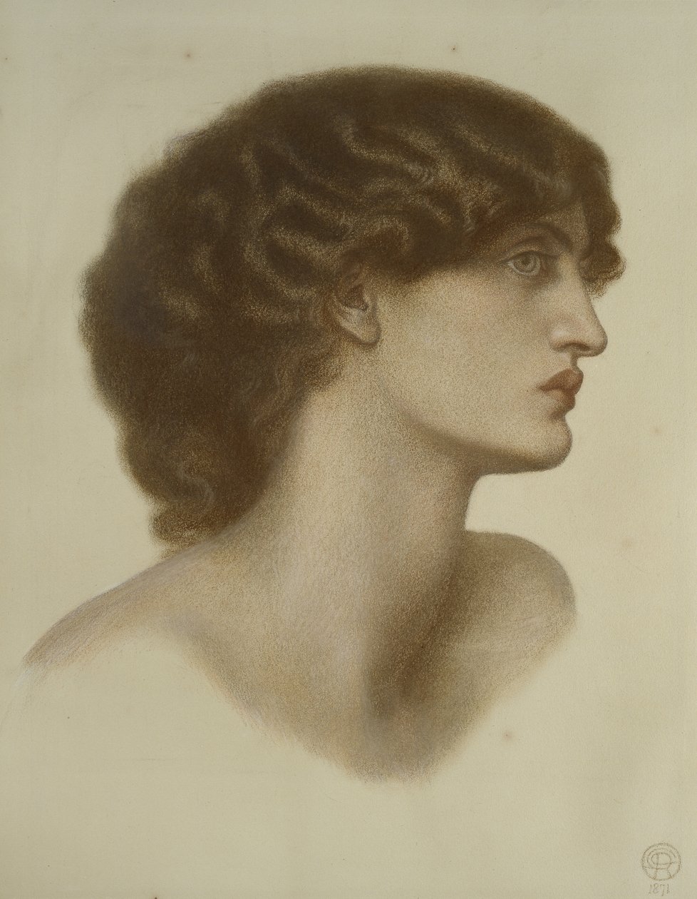 Perlascura, 1871 (červené a hnědé křídy zvýrazněné bílou, na světle zeleném papíře) od Dante Gabriel Charles Rossetti