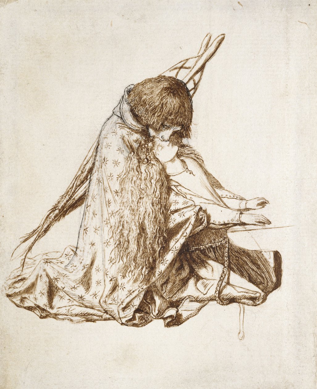 Svatá Cecílie (pero a hnědá tuš na odbarveném bílém papíře) od Dante Gabriel Charles Rossetti
