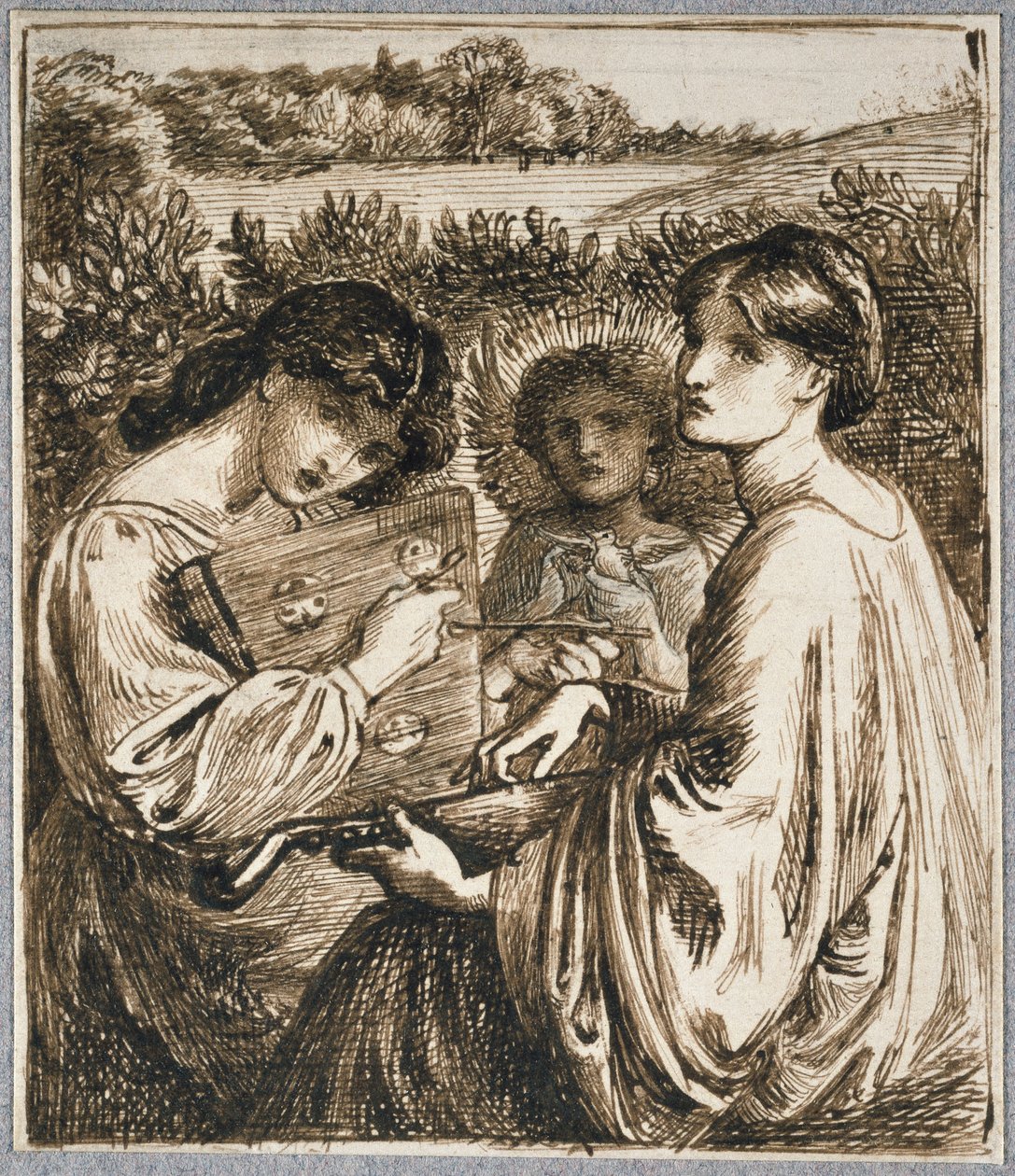 Studie k filmu "Louka u altánu", 19. století (pero a hnědá tuš na papíře) od Dante Gabriel Charles Rossetti