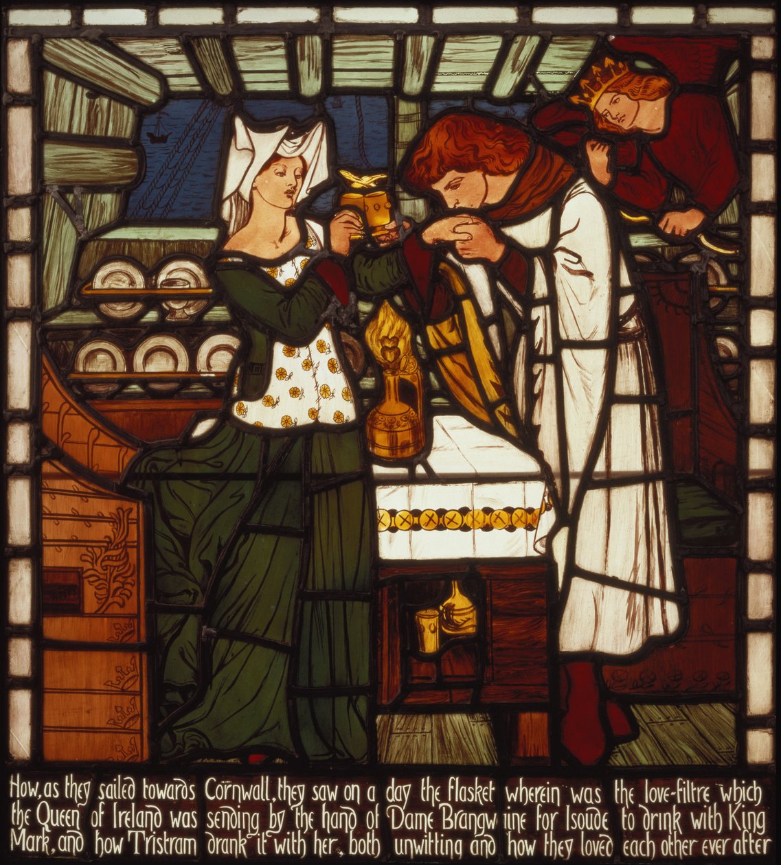 Nápoj lásky, určený pro Isoldu Krásnou a krále Marka Cornwallského, ale vypitý Tristanem a Isoldou Krásnou, z knihy "The Story of Tristan and Isolde", William Morris und Co. (vitráž) od Dante Gabriel Charles Rossetti