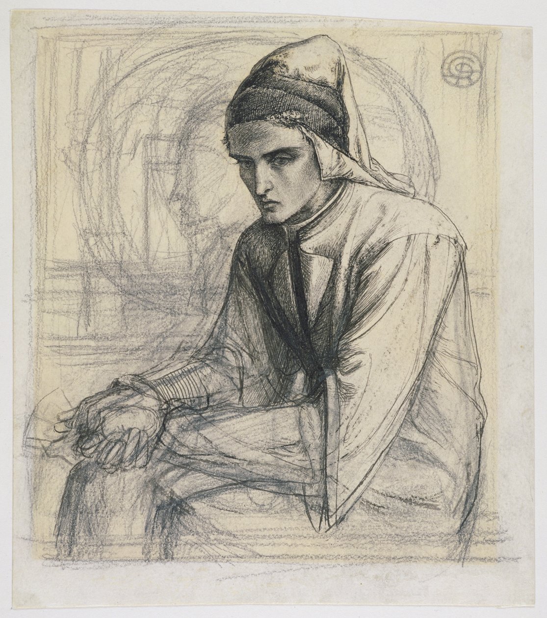Dante v meditaci drží granátové jablko, kolem roku 1852 (pero a inkoust a tužka na papíře) od Dante Gabriel Charles Rossetti