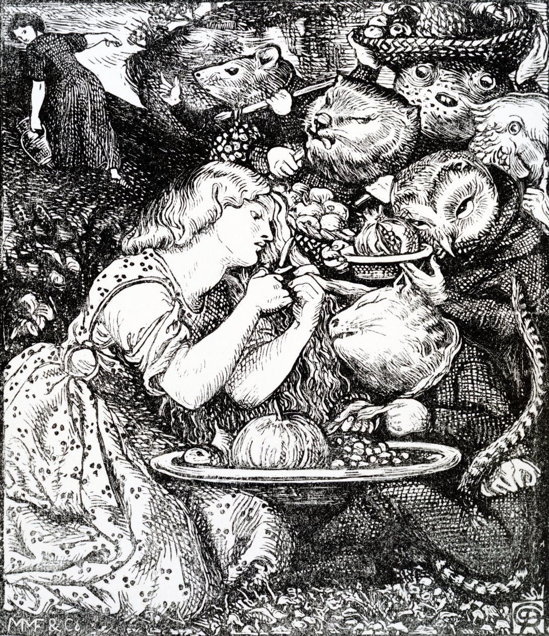 Frontispece k „Goblin Market a další básně“ od Christiny Rossetti, vyryto Williamem Morrisem, kolem roku 1865 od Dante Gabriel Charles Rossetti