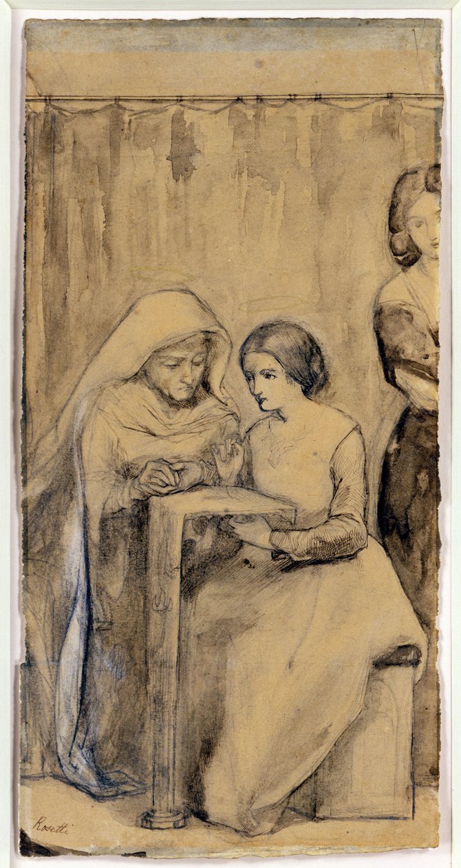 Studie k dívčímu věku Panny Marie (pero a inkoust a tužka s mytím na papíře) od Dante Gabriel Charles Rossetti