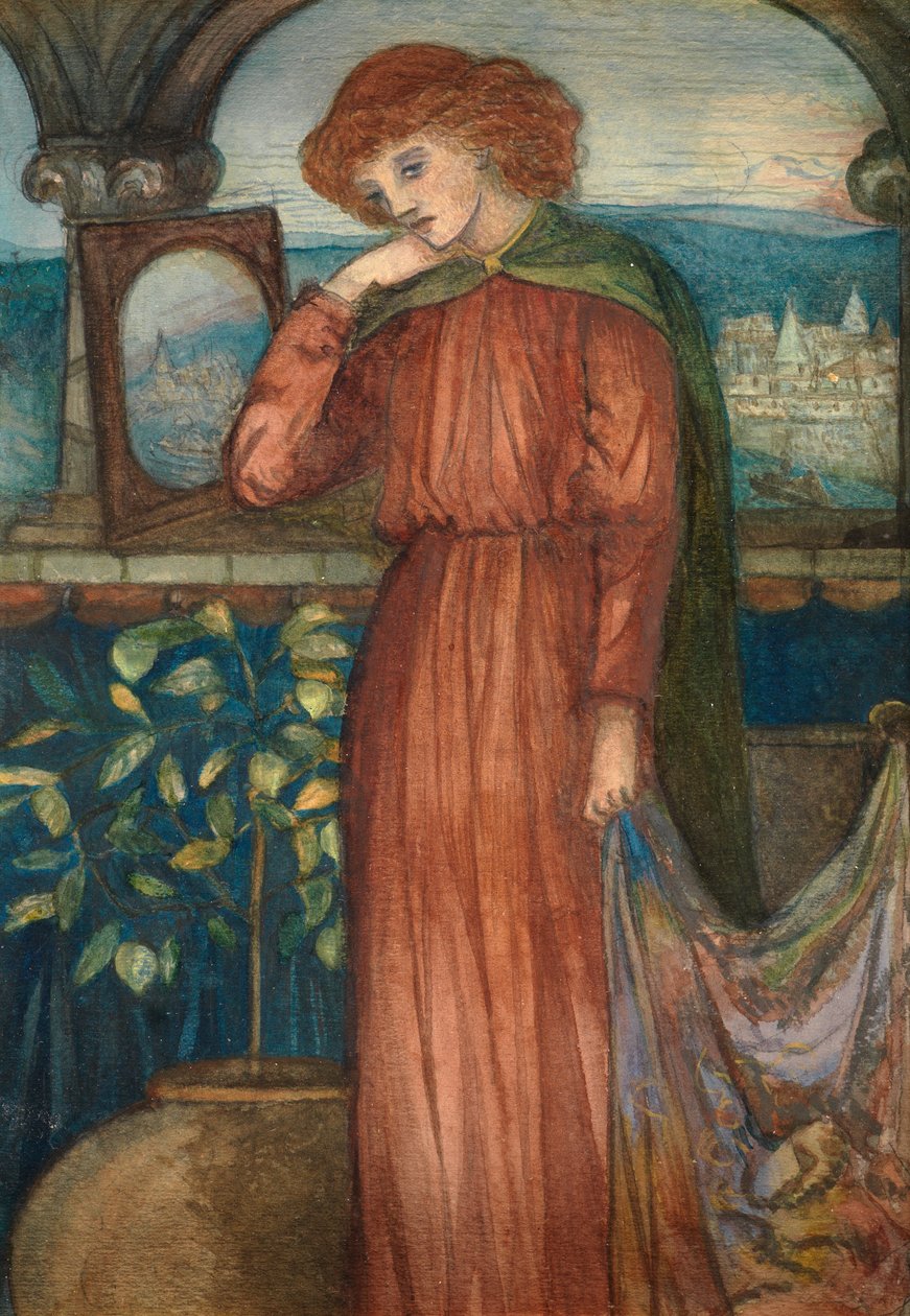 The Lady of Shalott (wc na kartě) od Dante Gabriel Charles Rossetti