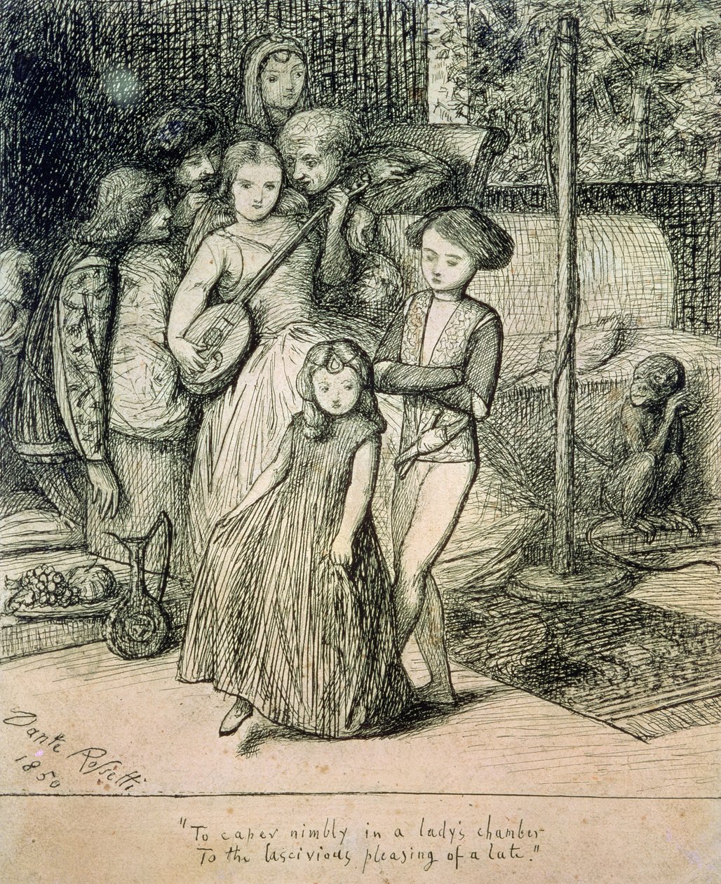 Kaprovi obratnému v komnatě dámy k lascivnímu potěšení loutny, 1850 (pero a inkoust na papíře) od Dante Gabriel Charles Rossetti