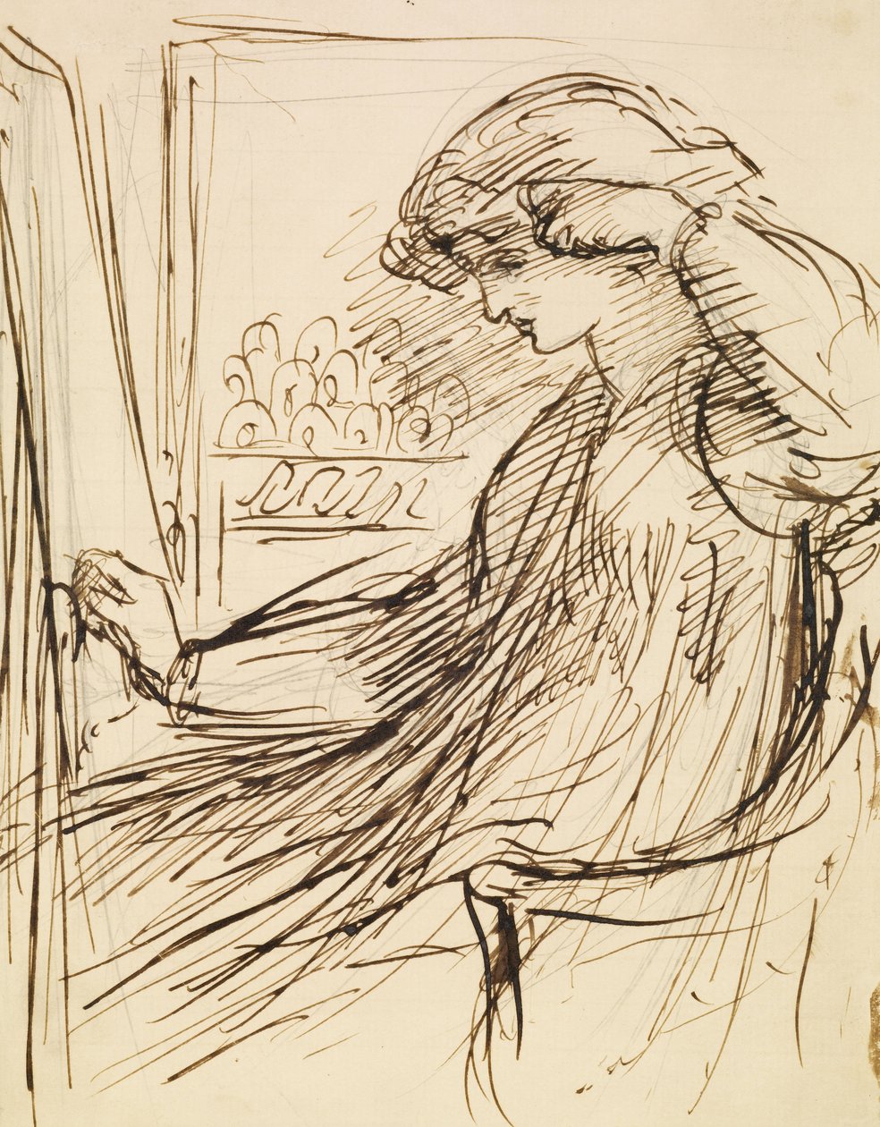 Žena sedící u vyšívacího rámečku nebo stojanu od Dante Gabriel Charles Rossetti