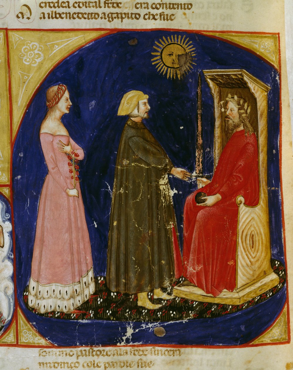 Setkání Danteho a Beatrice s Justinianem, scéna z Ráje, Canto VI, z Božské komedie od Dante Alighieriho (1265-1321), miniatura Veneto, Itálie od Dante Alighieri