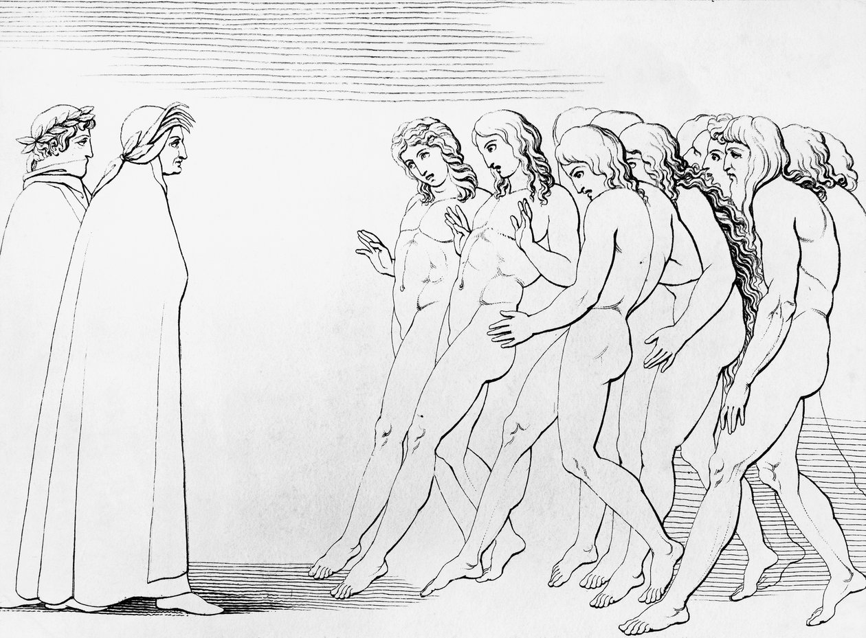 Sielut säikähtävät nähdessään, että Dante on elossa, kuvitus Kiirastulen 3. laululle, Jumalallinen näytelmä, Dante Alighierin (1265-1321) allegorinen runo od Dante Alighieri