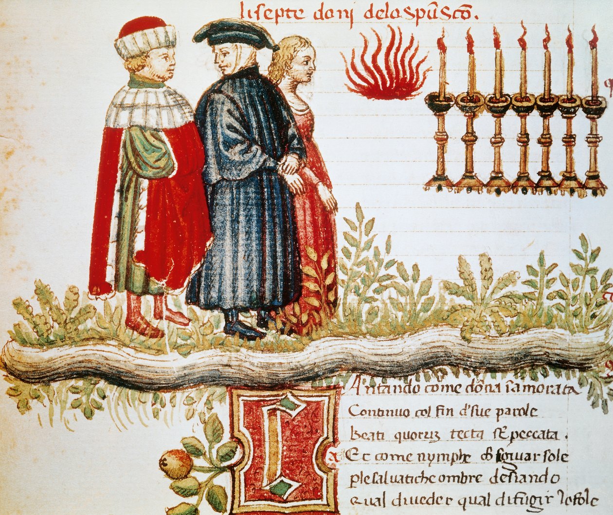 Virgil, Dante a Matelda, Očistec, Canto XXIX, iluminovaná stránka z Božské komedie, Dante Alighieri (1265-1321) od Dante Alighieri