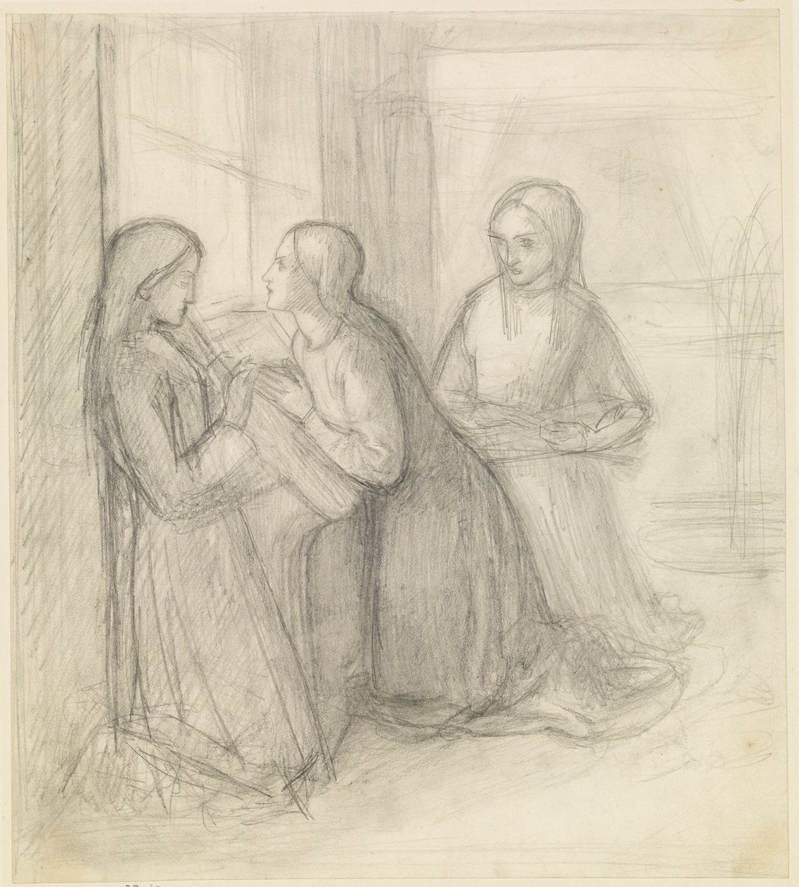 (Možná) Svatá Alžběta Uherská klečící se svými společnicemi Isentrudis a Gutou od Dante Gabriel Charles Rossetti