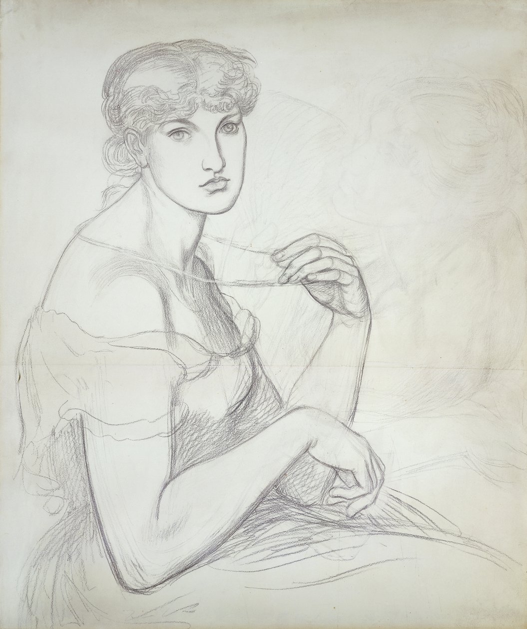 Sedící žena držící náhrdelník, vpravo jiná ženská postava, od Dante Gabriel Charles Rossetti