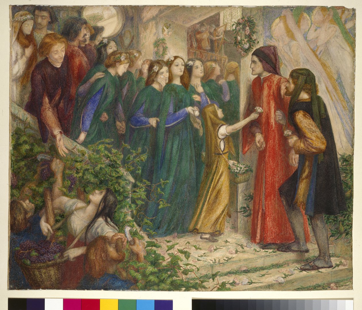 Beatrice se setkala s Dantem na svatební hostině, popírá mu její pozdrav, 60. léta 19. století od Dante Gabriel Charles Rossetti