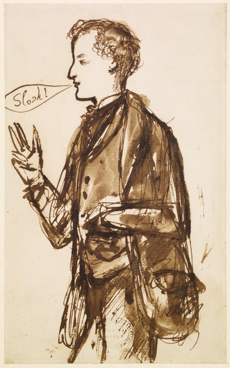 Karikatura Johna Everetta Millaise, kolem 1851-53 (pero a inkoust a mytí na papíře) od Dante Gabriel Charles Rossetti