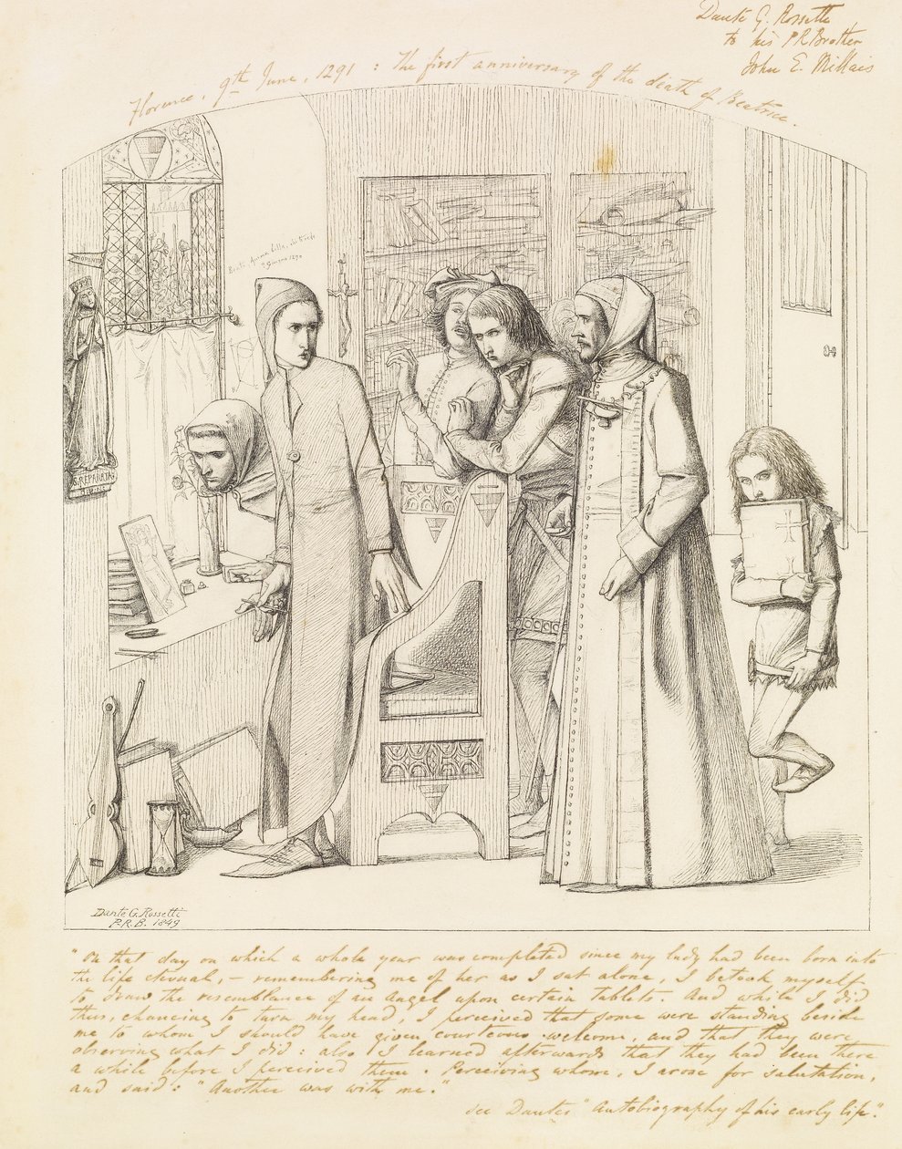 Dante kreslí anděla k prvnímu výročí smrti Beatrice, 1848-9 od Dante Gabriel Charles Rossetti