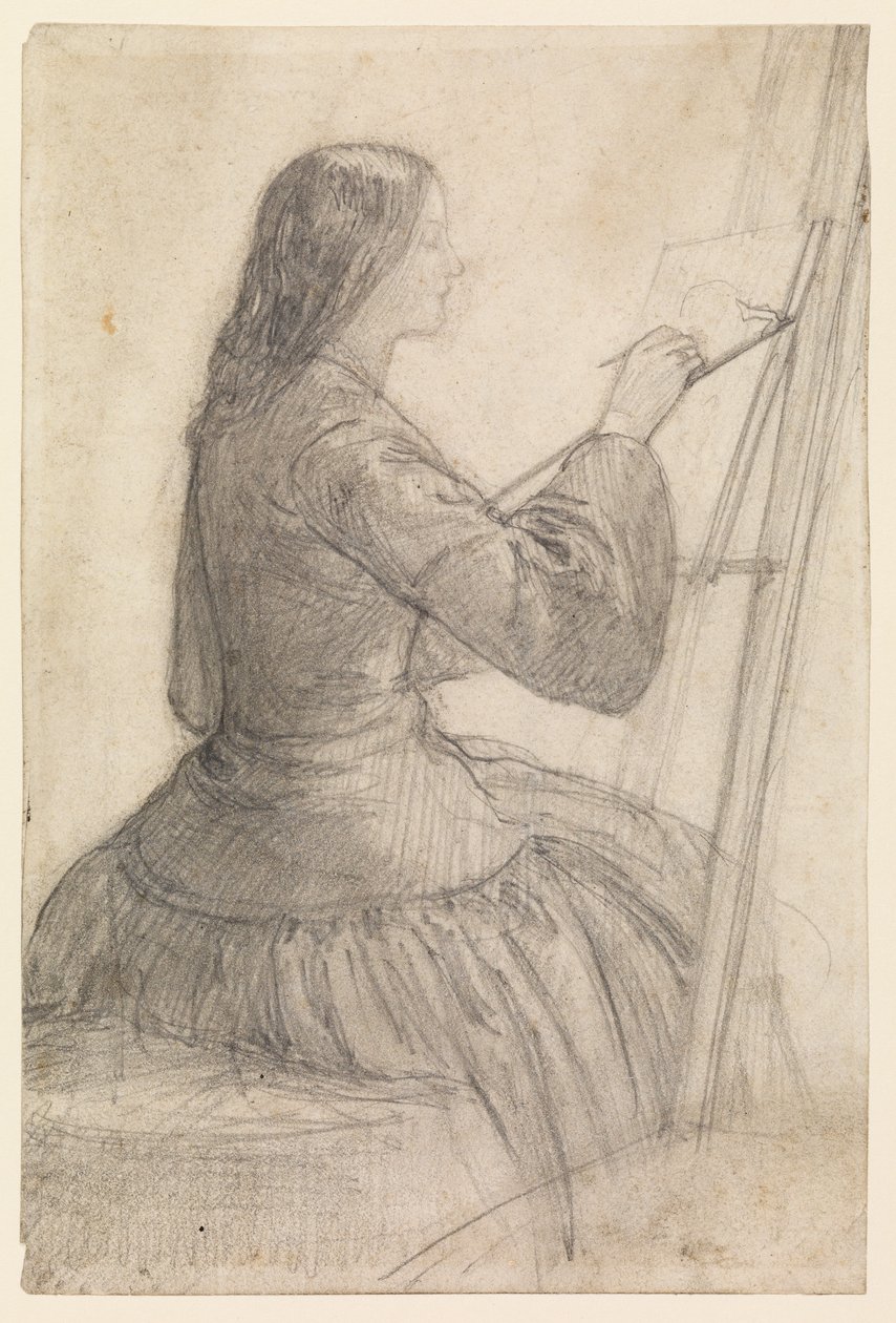 Elizabeth Siddal sedící u stojanu, obraz, 1854-55 circa od Dante Gabriel Charles Rossetti