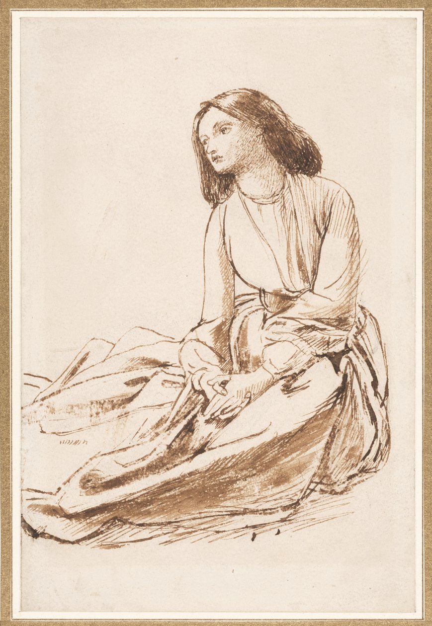Elizabeth Siddal, sedící na zemi (pero, sépie a mytí na papíře) od Dante Gabriel Charles Rossetti