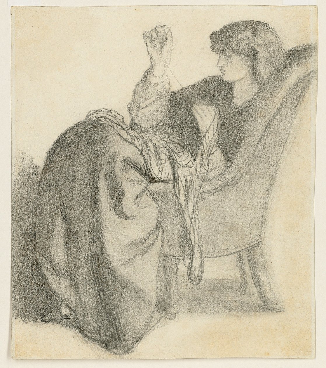 Lachesis: Studie Jane Morrisové sedící v šití židlí, 60. léta 19. století od Dante Gabriel Charles Rossetti