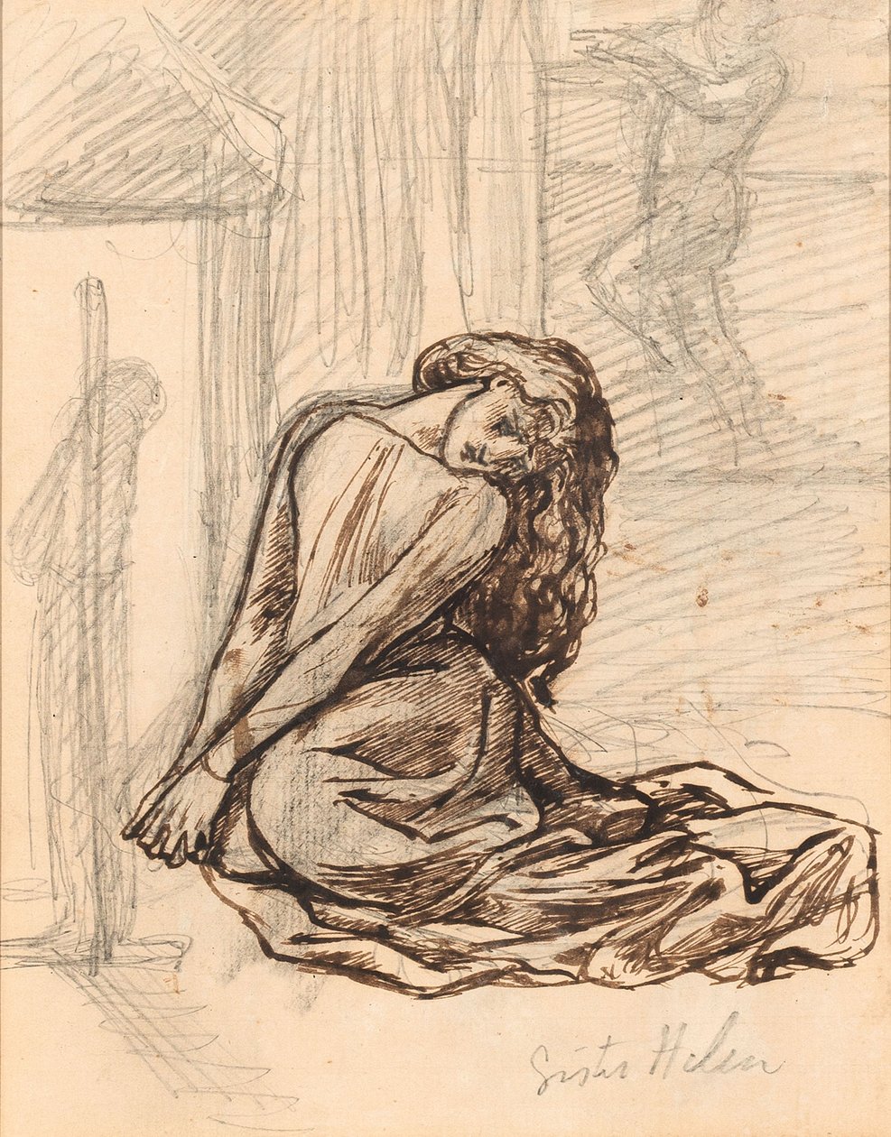Sestra Helen, kolem roku 1870 (grafit a hnědý inkoust na papíře připevněné na desce) od Dante Gabriel Charles Rossetti
