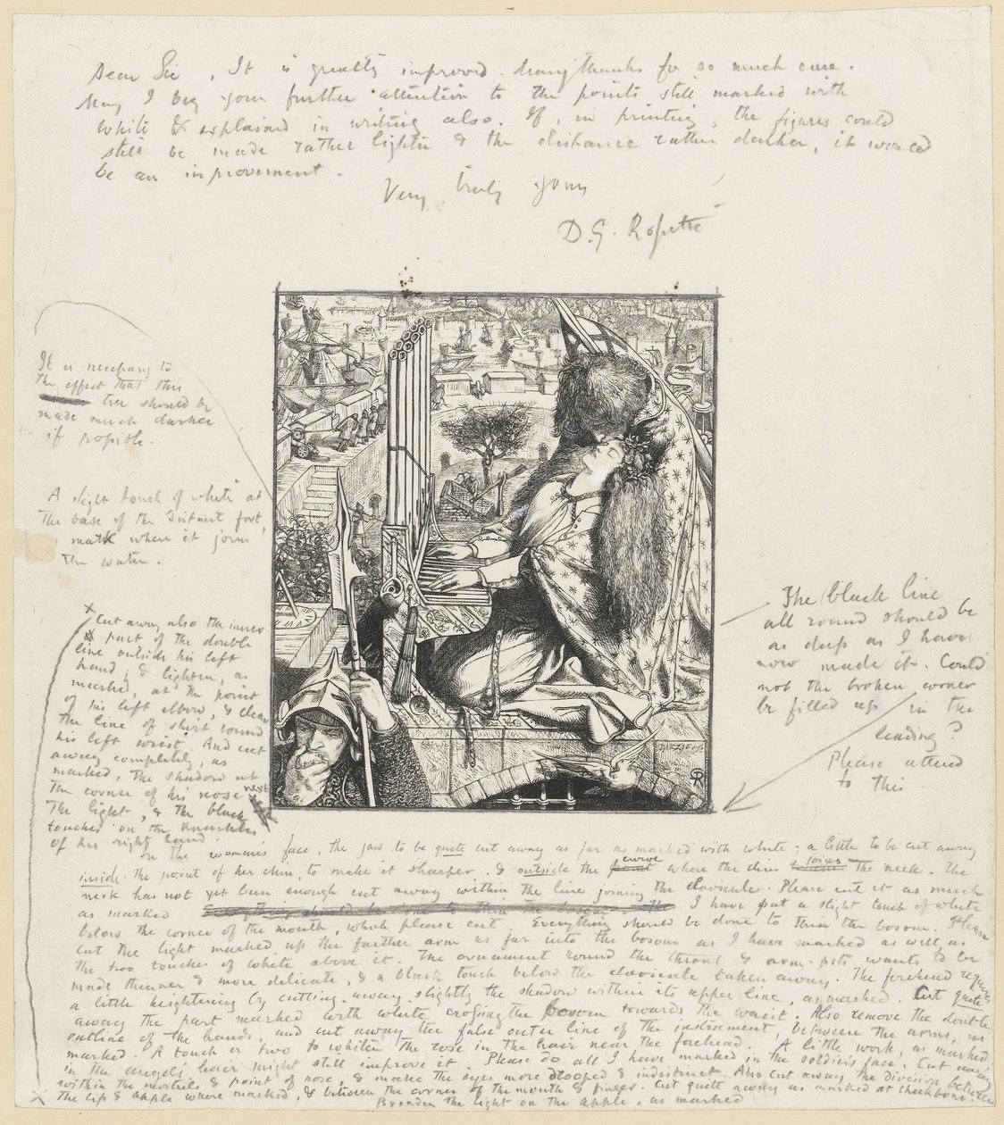 St Cecilia The Moxon Tennyson, kolem roku 1857 (dřevorytina a tužka na papíře) od Dante Gabriel Charles Rossetti