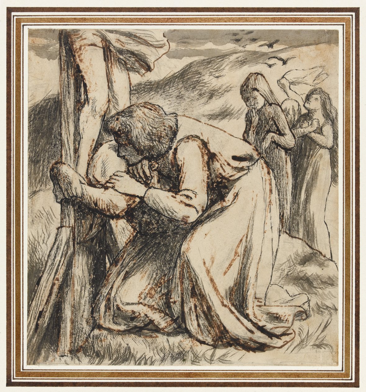 Svatý Jan utěšuje Pannu Marii u paty kříže, asi 1857-58 (pero, indická tuš a sépiová barva na papíře) od Dante Gabriel Charles Rossetti