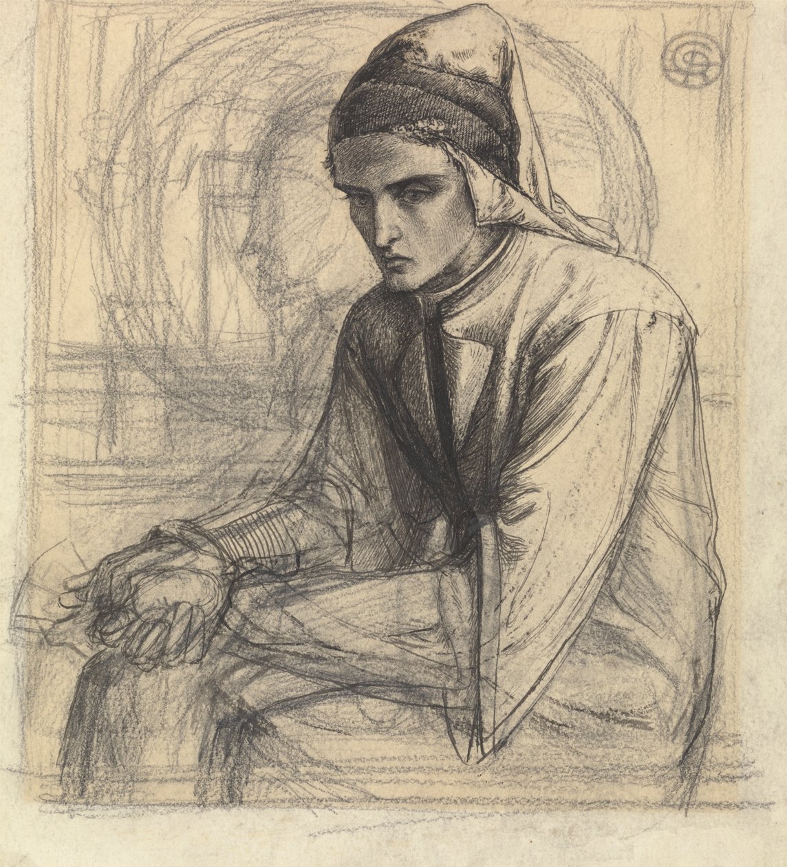 Dante v meditaci drží granátové jablko od Dante Gabriel Rossetti
