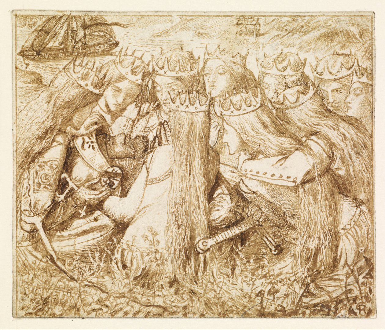 Návrh pro Moxonovo dílo „Tennyson – Král Artuš a plačící královny“ od Dante Gabriel Rossetti