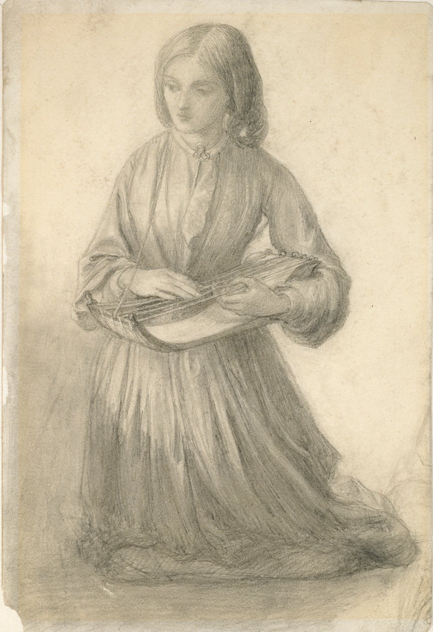Elizabeth Siddal hraje na strunný nástroj, c1852 od Dante Gabriel Rossetti