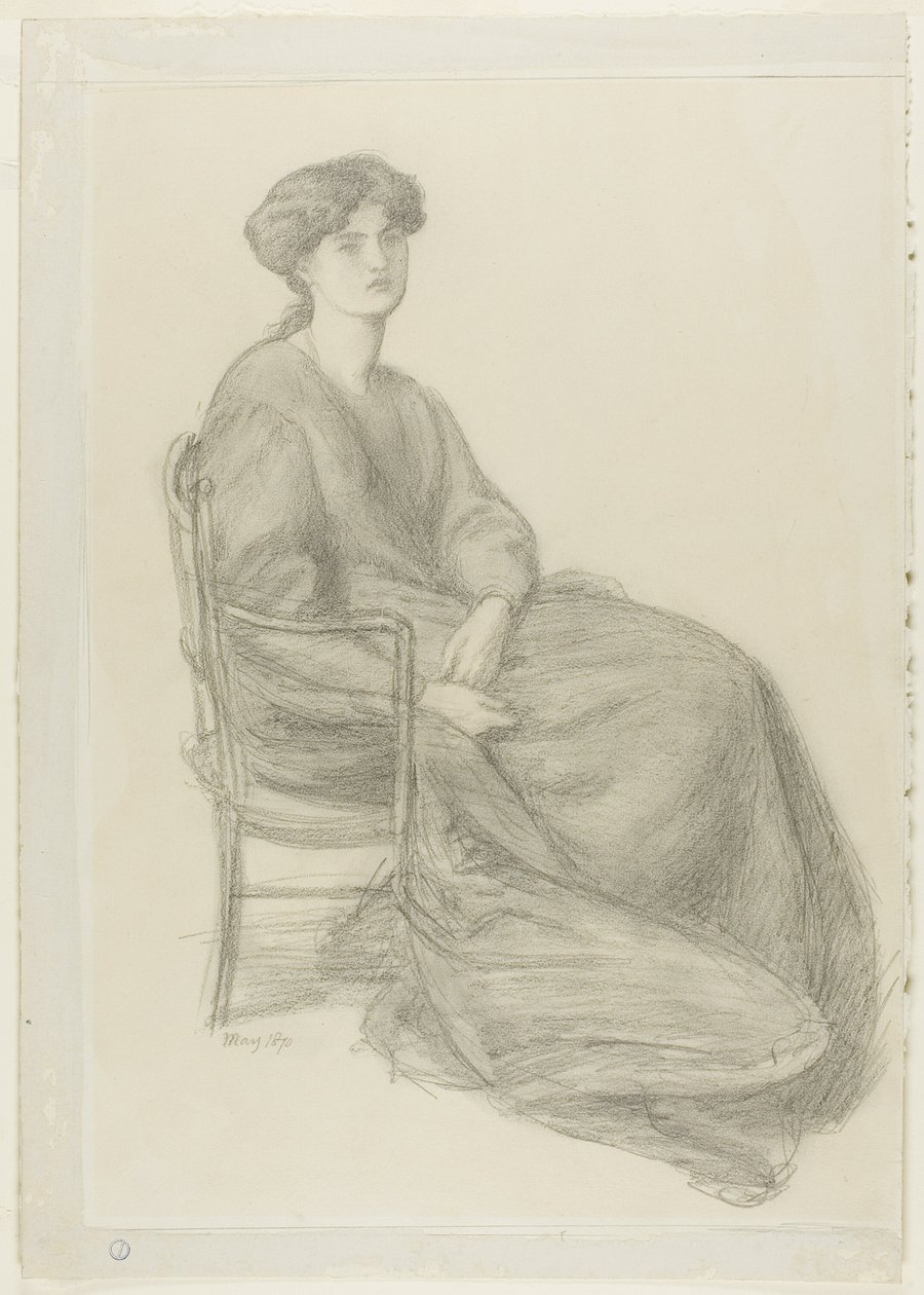 Paní William Morris sedí v křesle od Dante Gabriel Rossetti