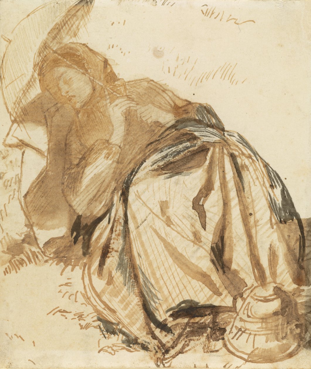 Portrét odpočívající Elizabeth Siddalové se slunečníkem v ruce od Dante Gabriel Rossetti