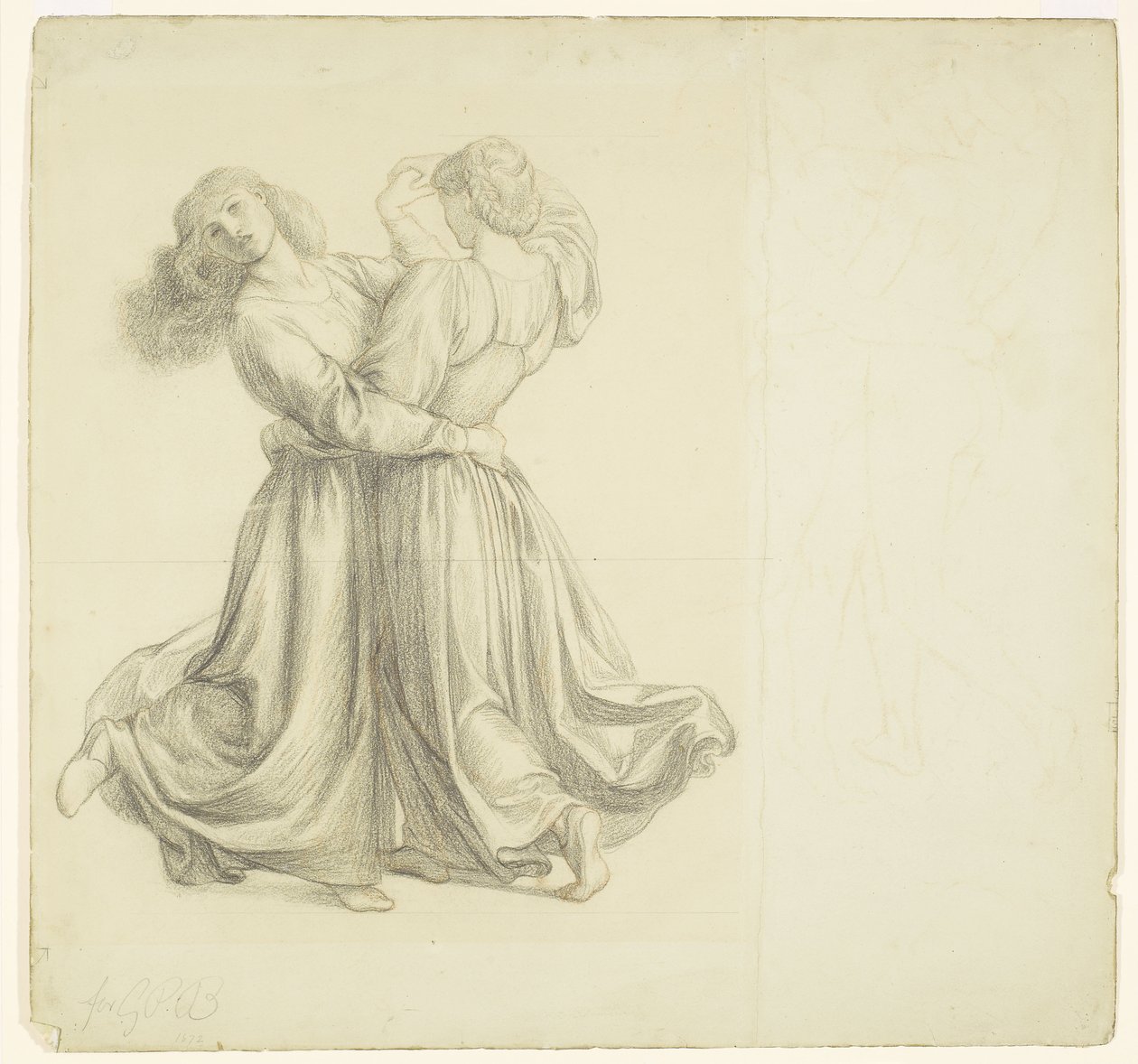 The Bower Meadow - Studie drapérie pro dvě tančící dívky od Dante Gabriel Rossetti