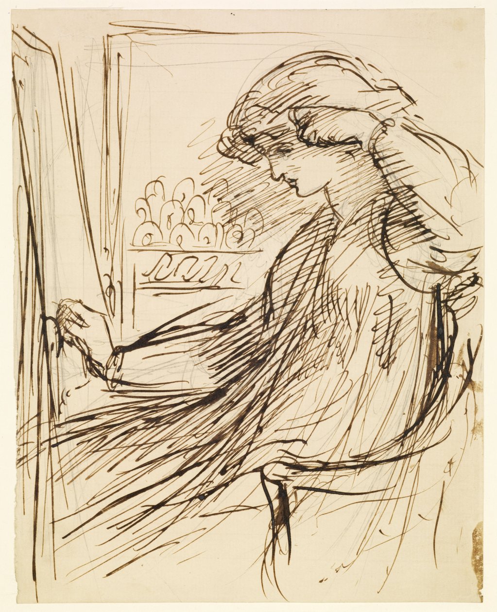 Žena sedící u vyšívacího rámu nebo stojanu na výšivky od Dante Gabriel Rossetti