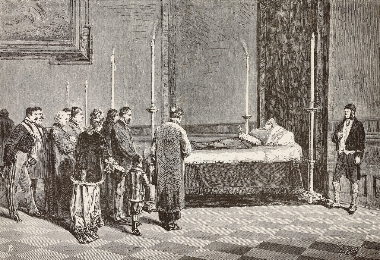 Tělo kardinála Giacoma Antonelliho ležící ve stavu v jedné z místností ve Vatikánu, rytina z kresby Dante Paolocci z L