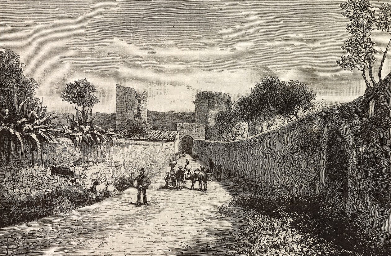 Castello gate, Corneto Tarquinia, Itálie, rytina z kresby Dante Paolocci, z L