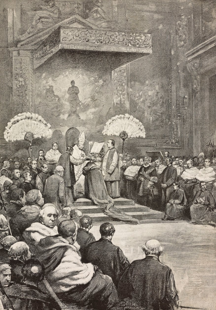Konzistoř 13. listopadu, papež Lev XIII., kde vytvořil nové kardinály, Vatikán, rytina z kresby Dante Paolocci, z L