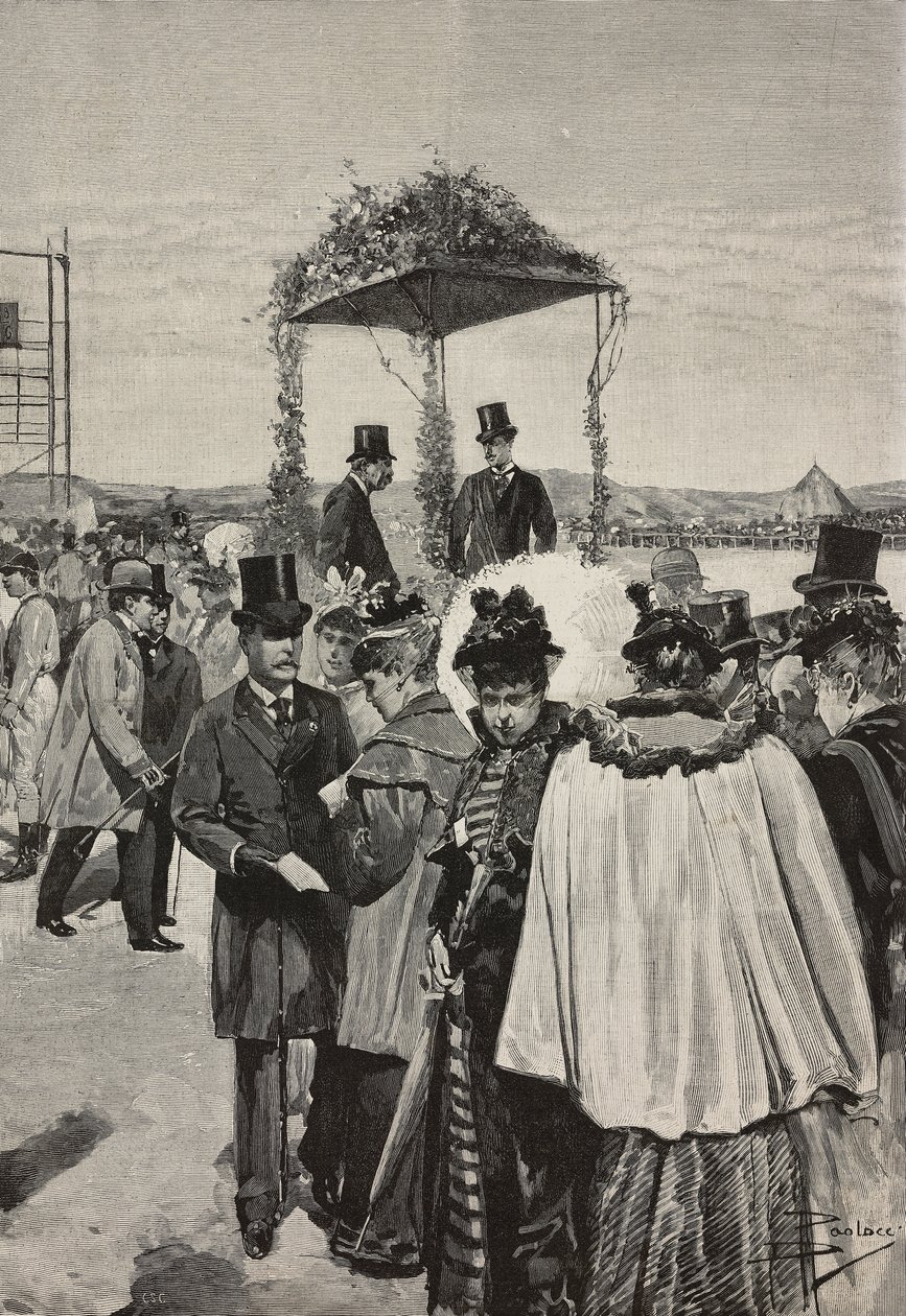 Hrabě z Turína Vittorio Emanuele ze Savoy-Aosta na závodech Tor di Quinto, Řím, Itálie, rytina podle kresby Dante Paolocci, z L