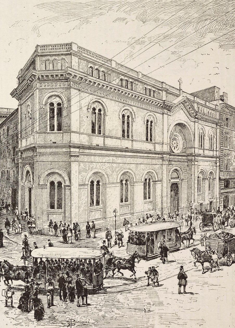 Evangelický kostel na Via Nazionale, Řím, Itálie, rytina z kresby Dante Paolocci, z L