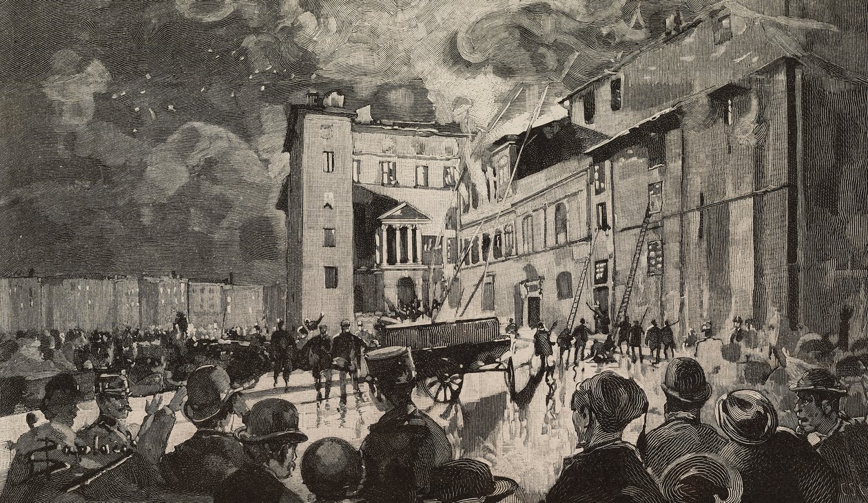 Požár izraelských škol z roku 1893, Řím, Itálie, rytina podle kresby Dante Paolocci, z L