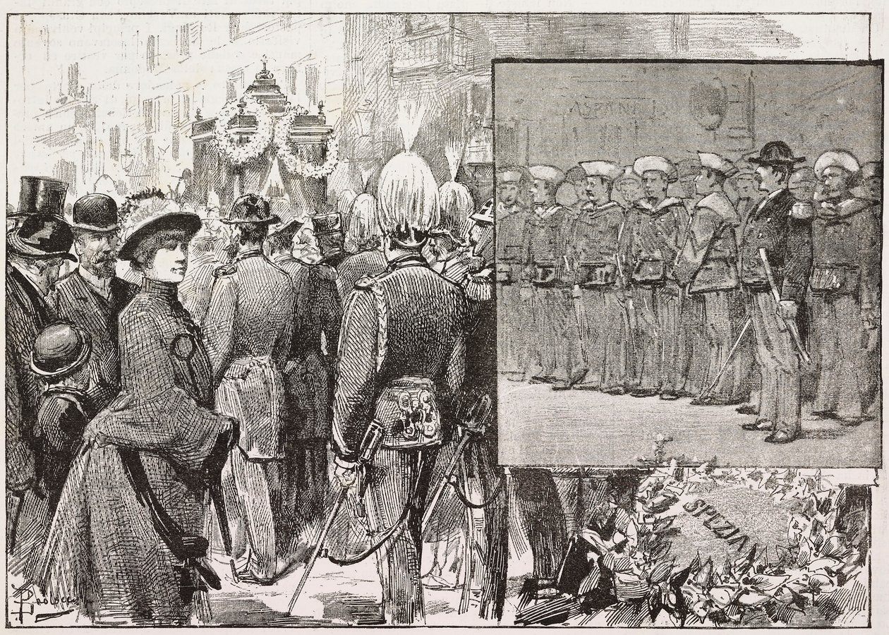 Pohřeb admirála Luigi Buglione di Monale (1821-1884), Řím, Itálie, rytina z kresby Dante Paolocci, z L