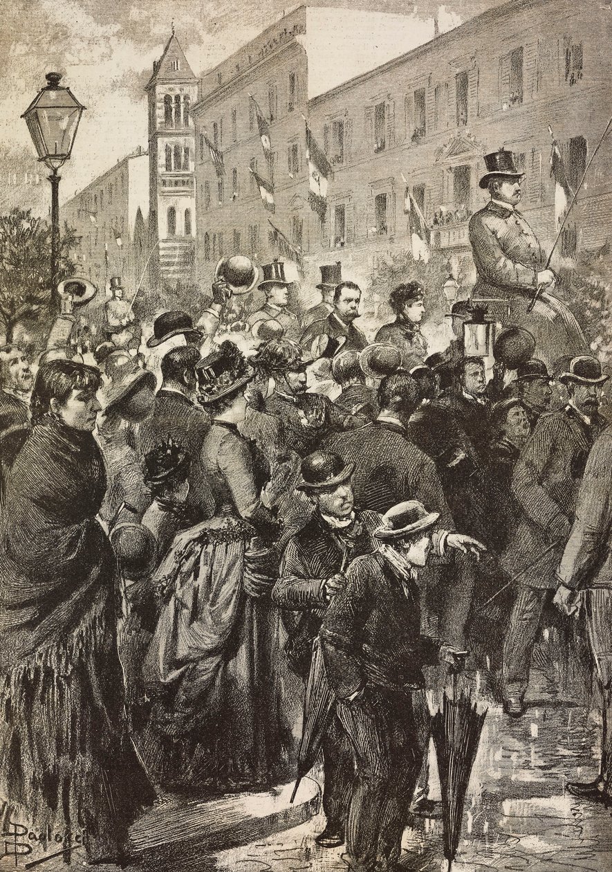 Král Umberto I. a královna Margherita vracející se z návštěvy Neapole zasažené cholerou, Řím, Itálie, rytina z kresby Dante Paolocci, z L