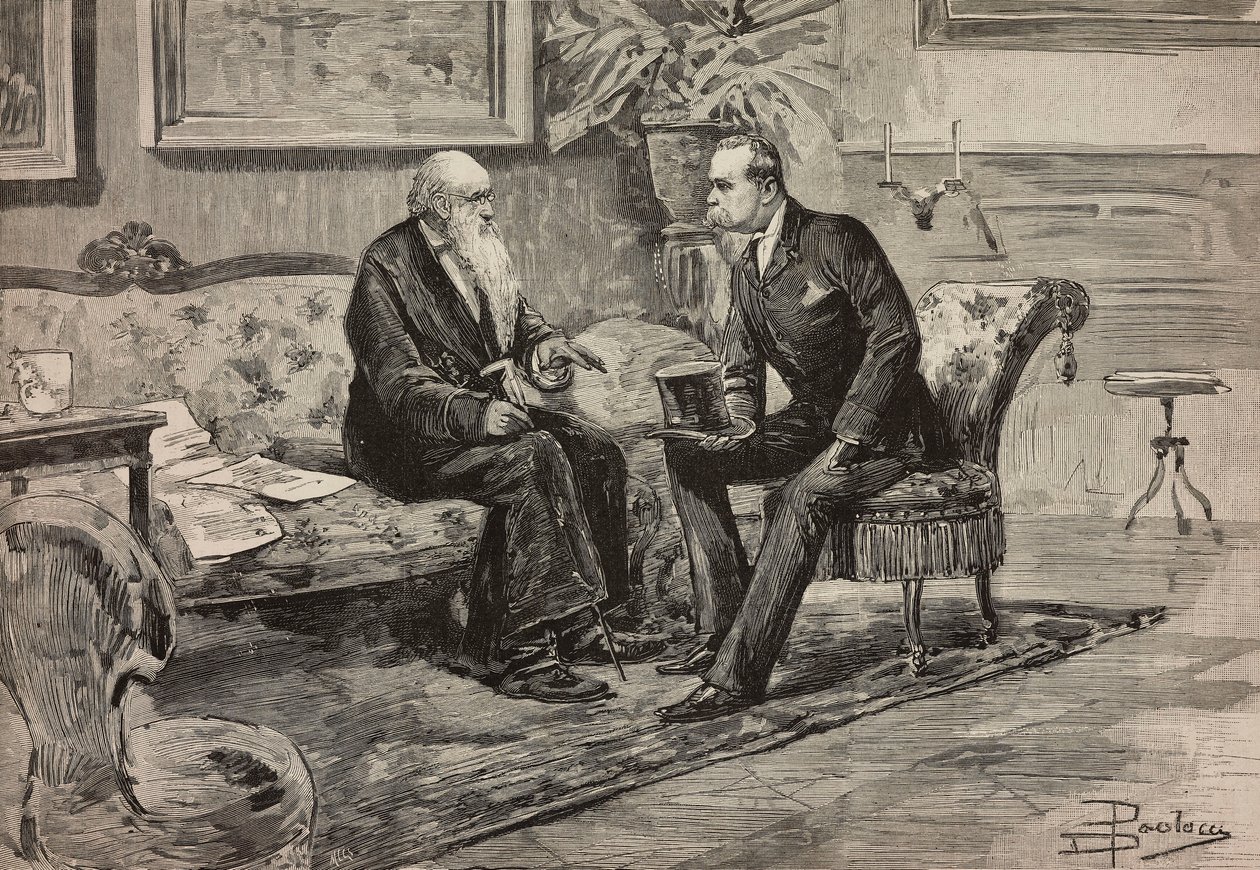 Král Umberto I. Savojský (1844-1900) a předseda rady Agostino de Pretis (1813-1887), rytina z kresby Dante Paolocci, z L