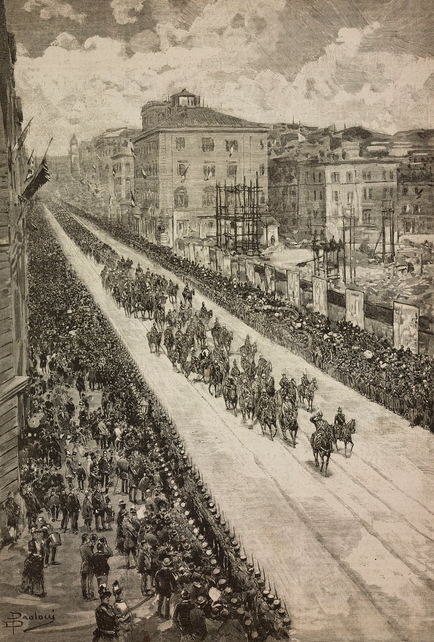 Král se vrací do Quirinalu po inauguraci památníku Dogali, Řím, Itálie, rytina z kresby Dante Paolocci, z L
