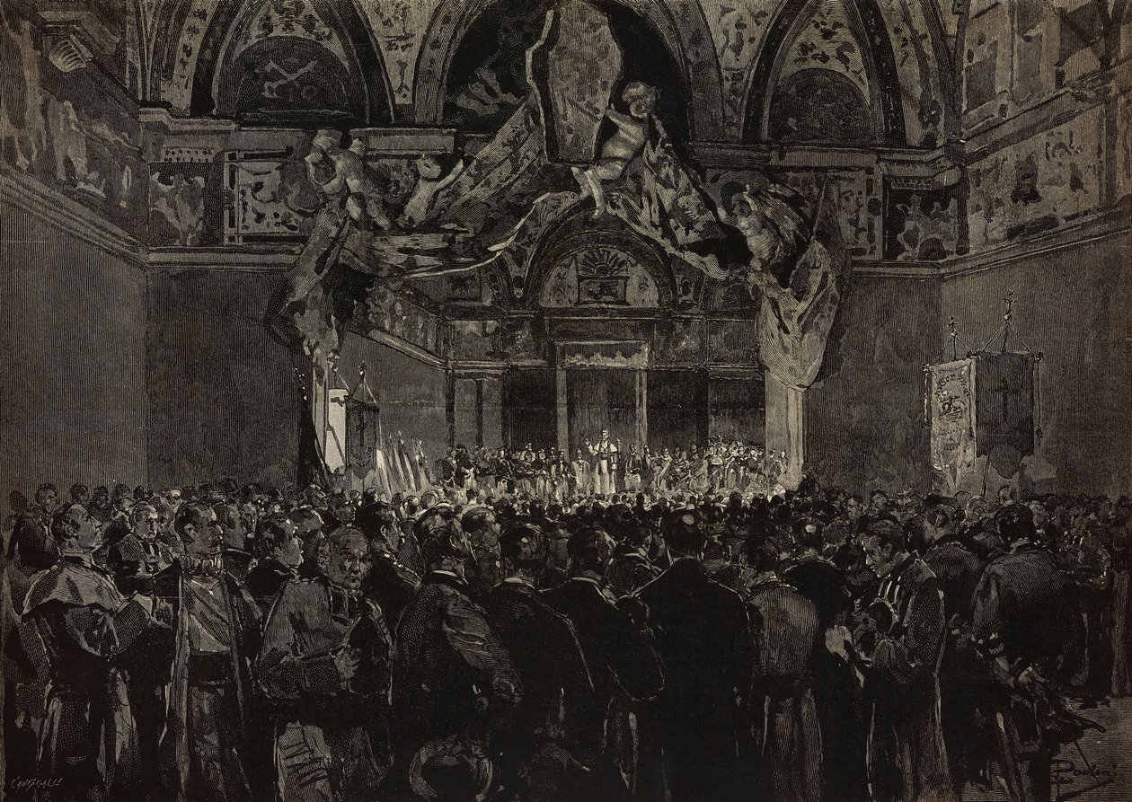 Lev XIII. přijímá francouzské poutníky v Ducal Hall, Papežské jubileum, Vatikán, rytina z kresby Dante Paolocci, z L