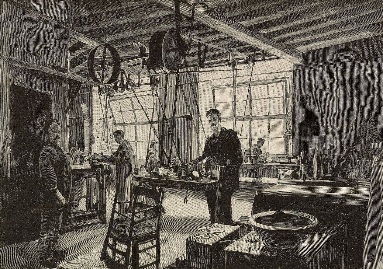 Mechanická dílna v mincovně v Římě, Itálie, rytina podle kresby Dante Paolocci, z L