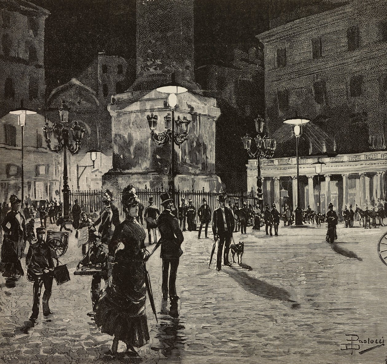 Piazza Colonna osvětlená elektrickým světlem, Řím, Itálie, kresba Dante Paolocci, rytina z L