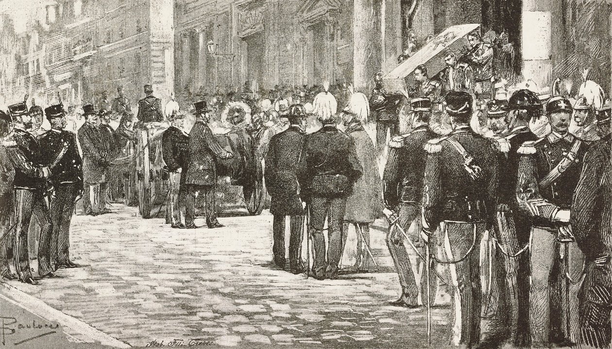 Politici a důstojníci se účastní pohřebního průvodu Luigiho Mezzacapa (1814-1885), italského politika a důstojníka, Řím, Itálie, rytina z kresby Dante Paolocci, z L