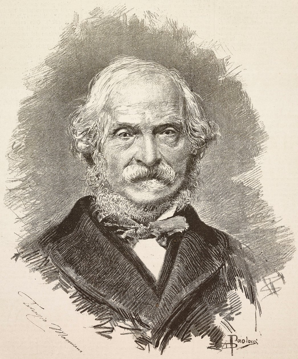 Portrét Terenzia Mamianiho (1799-1885), italského politika a spisovatele, rytina z kresby Dante Paolocciho a fotografie Della Valle, z L