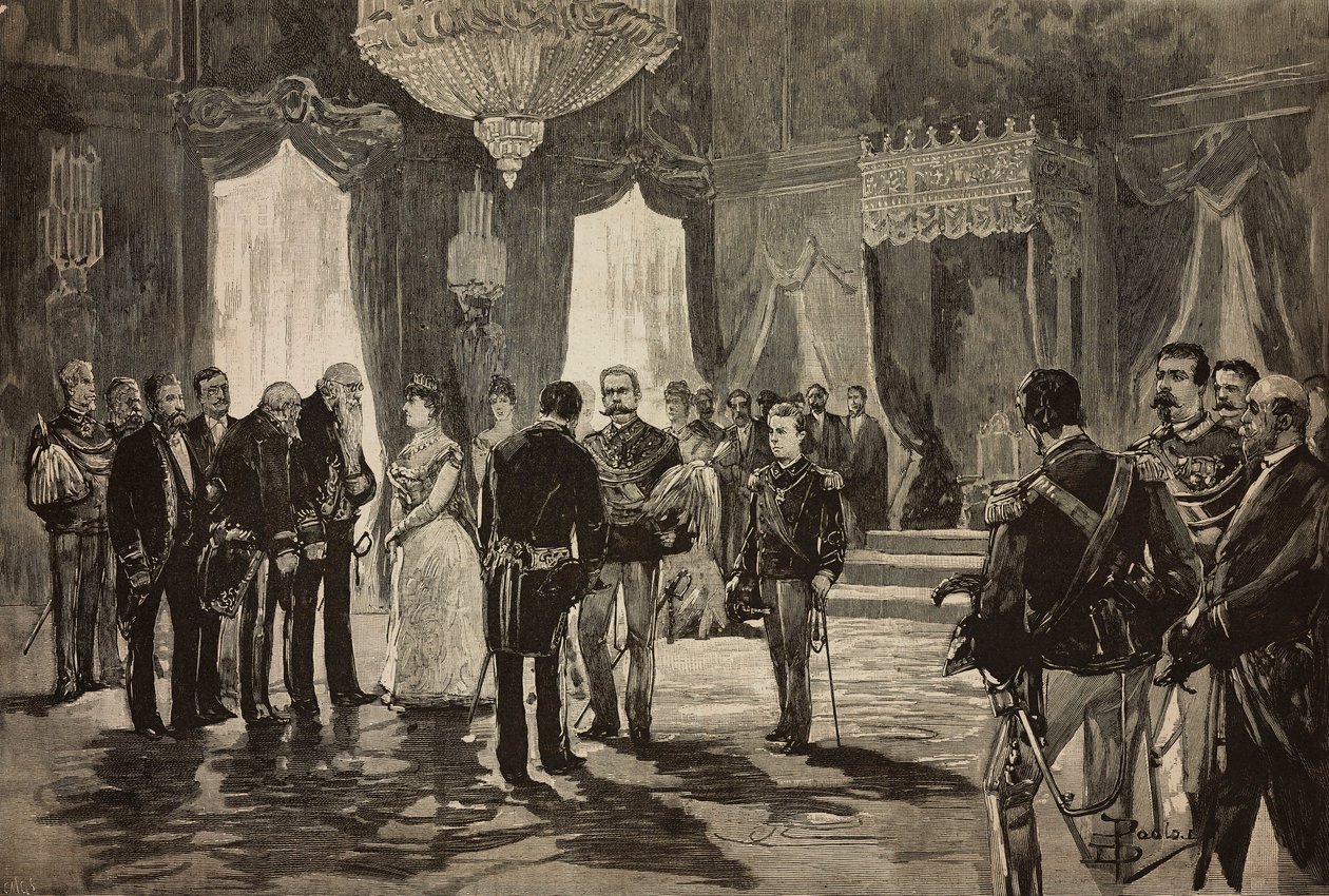 Neapolský princ, Alfonso Maria Giuseppe Alberto z Bourbonu-Dvě Sicílie v uniformě podporučíka, na novoroční recepci v Quirinal, Itálie, rytina z kresby Dante Paolocci, z L