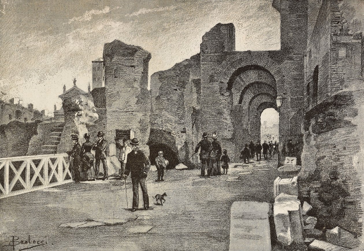 Veřejný chodník (Summa Nova Via) v Palazzo dei Cesari, Řím, Itálie, rytina z kresby Dante Paolocci, z L