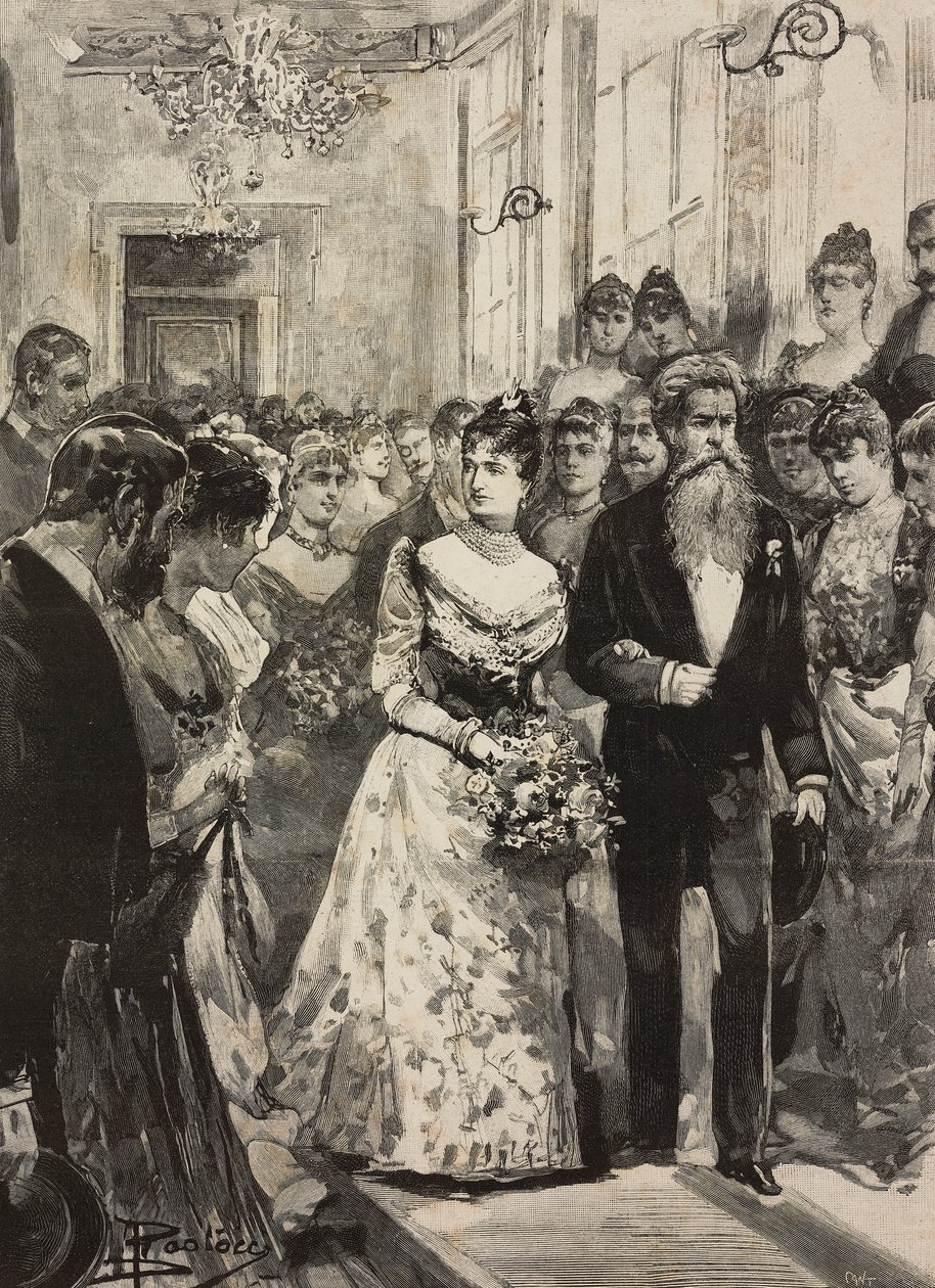 Královna Margherita Savojská na večírku Artistic Club (Circolo Artistico) v Římě, doprovázená sochařem Giulio Monteverde, Itálie, rytina po kresbě Dante Paolocci, z L
